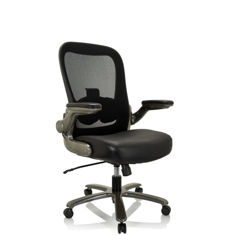 Silla giratoria XXL INSTRUCTOR T I en negro con respaldo de malla y asiento de cuero de hjh OFFICE