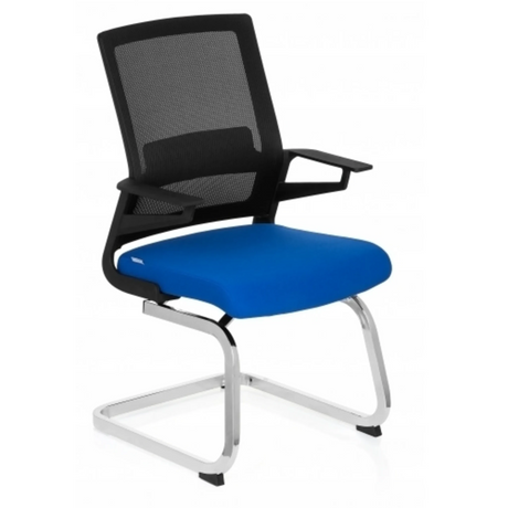 Silla de viga voladiza INVENTOR V con funda de asiento azul, respaldo de malla negra y estructura cromada de hjh OFFICE
