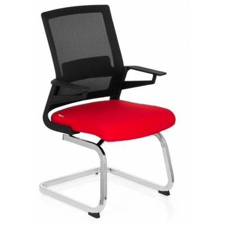 Silla viga voladiza INVENTOR V con respaldo de malla negra, asiento rojo y estructura cromada de hjh OFFICE
