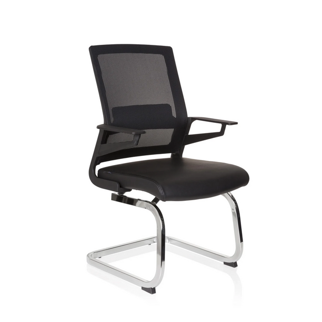 Silla de viga voladiza INVENTOR V PRO negra con respaldo de malla, reposabrazos y estructura de patín cromada de hjh OFFICE