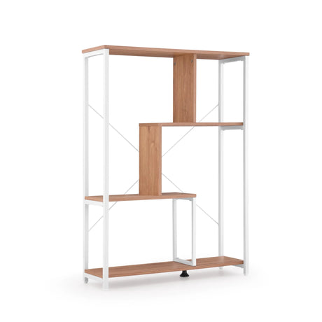 estante Kalag Eco en blanco y roble con estantes asimétricos y estructura metálica blanca de hjh LIVING