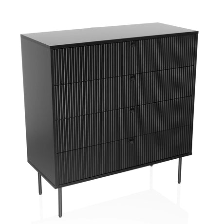 Cómoda negra KARBY K con cuatro cajones acanalados y patas metálicas delgadas de hjh LIVING