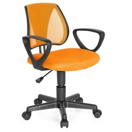 Silla giratoria para niños KIDDY CD en color naranja con respaldo de malla y reposabrazos negros de hjh OFFICE