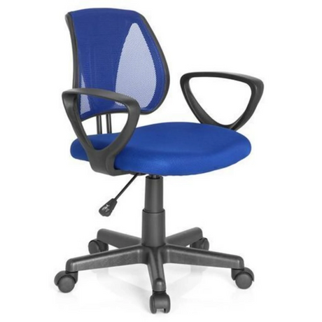 Silla giratoria para niños KIDDY CD en azul oscuro con respaldo de malla y reposabrazos negros de hjh OFFICE