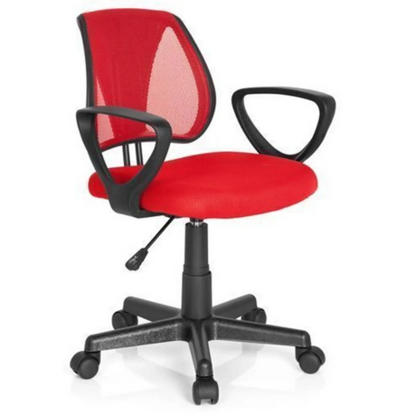 Silla giratoria para niños KIDDY CD roja con respaldo de malla, reposabrazos negros y ruedas de hjh OFFICE