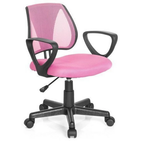 Silla giratoria para niños KIDDY CD rosa con respaldo de malla y reposabrazos negros de hjh OFFICE