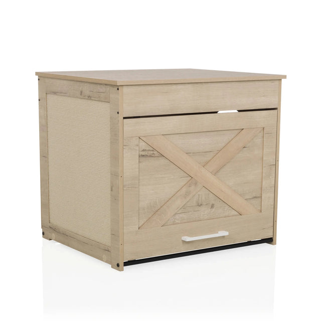 Casa para gatos KITTY PAWBOX 1 en aspecto roble con refuerzo en X en la parte frontal y asa blanca de hjh LIVING