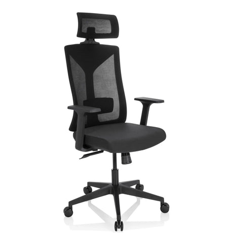 Silla de oficina profesional KODIAK en negro con respaldo de malla, reposacabezas y reposabrazos de hjh OFFICE