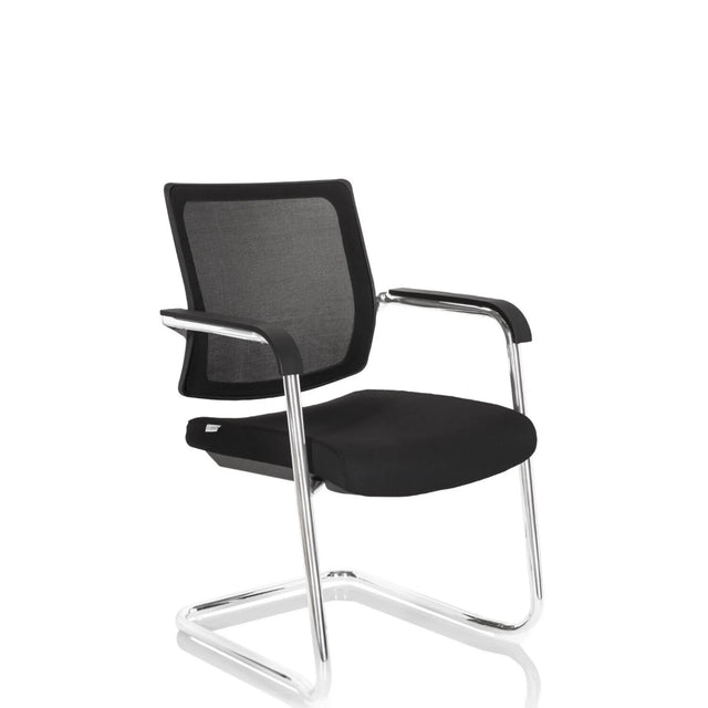 Silla de viga voladiza LEVIA V negra con respaldo de malla y estructura cromada de hjh OFFICE
