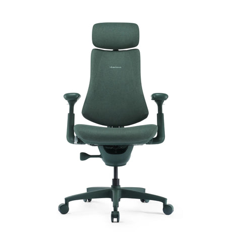 Silla alta gama LiberNovo Omni con tapizado de tela verde, reposacabezas y reposabrazos de Libernovo