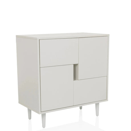 Cómoda blanca LYKKJA con cuatro solapas frontales desplazadas y patas cónicas de hjh LIVING