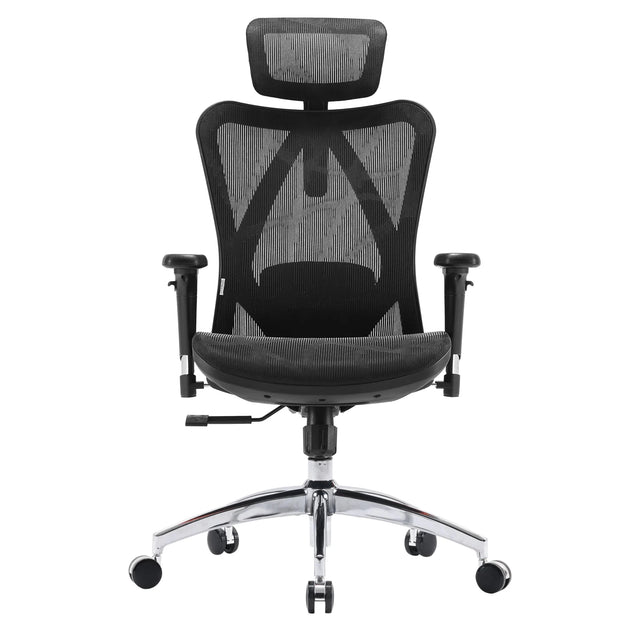 Silla de oficina profesional M57-M015 con malla negra, reposacabezas y base cromada de Sihoo
