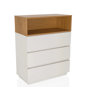Cómoda MELMO K en blanco y roble con tres cajones y un espacio abierto de hjh LIVING