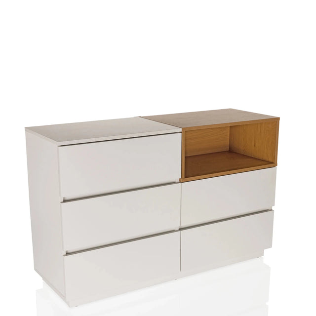 Aparador blanco MELMO S con estante abierto color roble y cajones de hjh LIVING