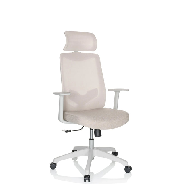 Silla Home Office MIKEO W tapizada en tela beige con reposacabezas y reposabrazos blancos de hjh OFFICE