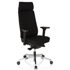 Silla de oficina profesional MOVE-TEC PRO 3D con tapicería de tela negra, reposacabezas y base plateada de hjh OFFICE