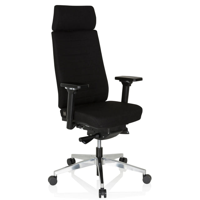Silla de oficina profesional MOVE-TEC PRO 3D con tapicería de tela negra, reposacabezas y base plateada de hjh OFFICE