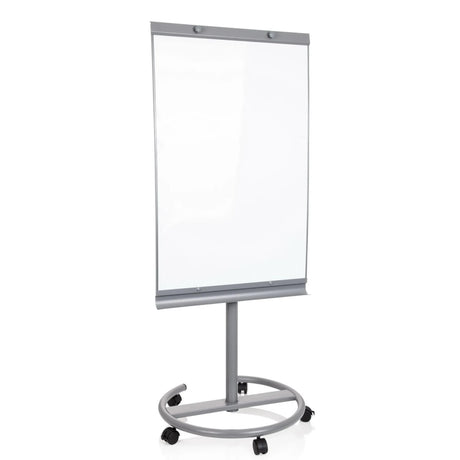 Pizarra blanca MULTIBOARD en color plata con superficie de escritura blanca sobre un soporte con ruedas de hjh OFFICE
