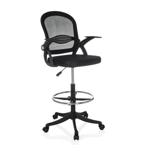 Silla de mostrador Naluro Work negra con respaldo de malla, aro reposapiés y ruedas de hjh OFFICE