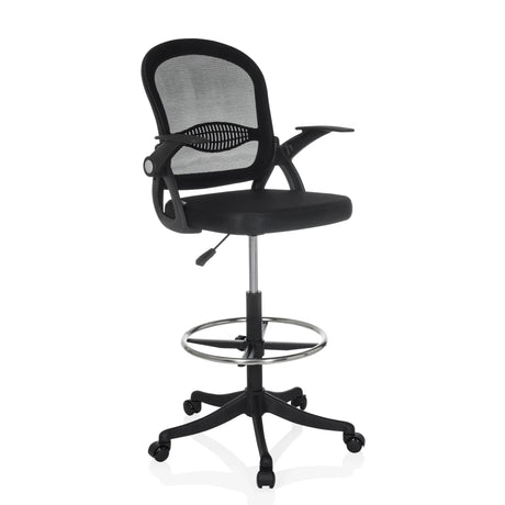 Silla de mostrador Naluro Work negra con respaldo de malla, aro reposapiés y ruedas de hjh OFFICE