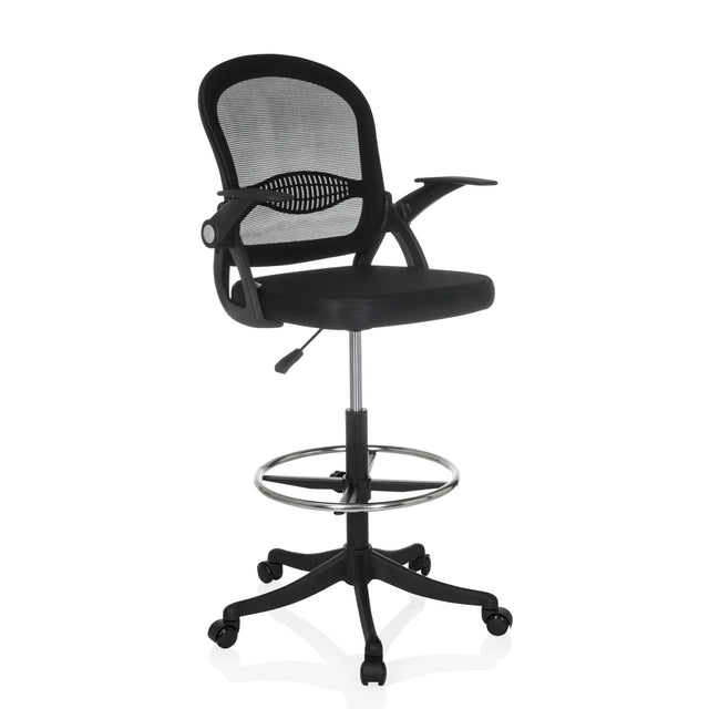 Silla de mostrador Naluro Work negra con respaldo de malla, aro reposapiés y ruedas de hjh OFFICE