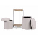 Mesa auxiliar Nestup 1 en blanco y roble con taburete integrado tapizado en tela beige de hjh LIVING