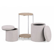 Mesa auxiliar Nestup 1 en blanco y roble con taburete integrado tapizado en tela beige de hjh LIVING