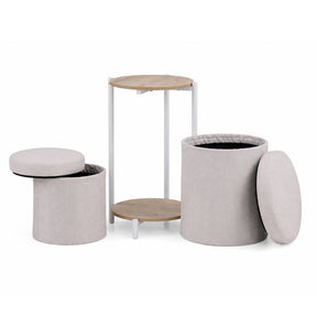 Mesa auxiliar Nestup 1 en blanco y roble con taburete integrado tapizado en tela beige de hjh LIVING