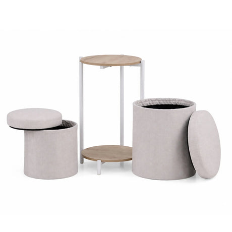 Mesa auxiliar Nestup 1 en blanco y roble con taburete integrado tapizado en tela beige de hjh LIVING