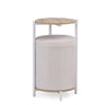 Mesa auxiliar Nestup 1 en blanco y roble con taburete integrado tapizado en tela beige de hjh LIVING