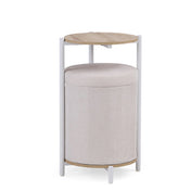 Mesa auxiliar Nestup 1 en blanco y roble con taburete integrado tapizado en tela beige de hjh LIVING
