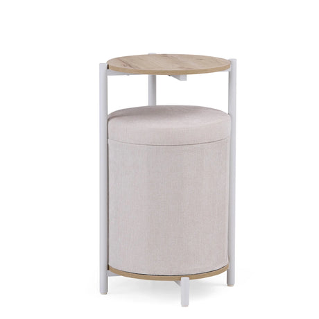 Mesa auxiliar Nestup 1 en blanco y roble con taburete integrado tapizado en tela beige de hjh LIVING