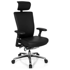 Silla de oficina profesional NOVA con tapizado de cuero negro, reposacabezas y base cromada de hjh OFFICE