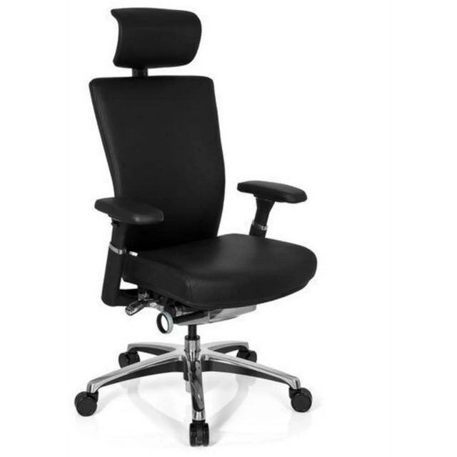 Silla de oficina profesional NOVA con tapizado de cuero negro, reposacabezas y base cromada de hjh OFFICE