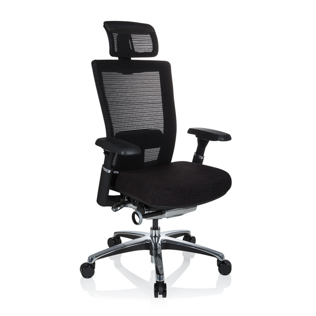 Silla alta gama NOVA PRO I en negro con respaldo de malla, reposacabezas y base brillante de hjh OFFICE