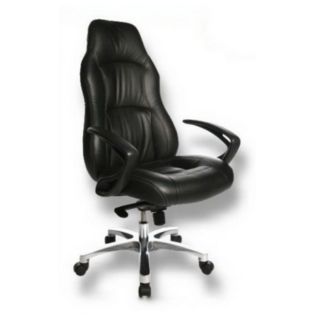 Sillón de alta gama OFFICE RS1 con tapicería de cuero negro y base en estrella plateada de Topstar