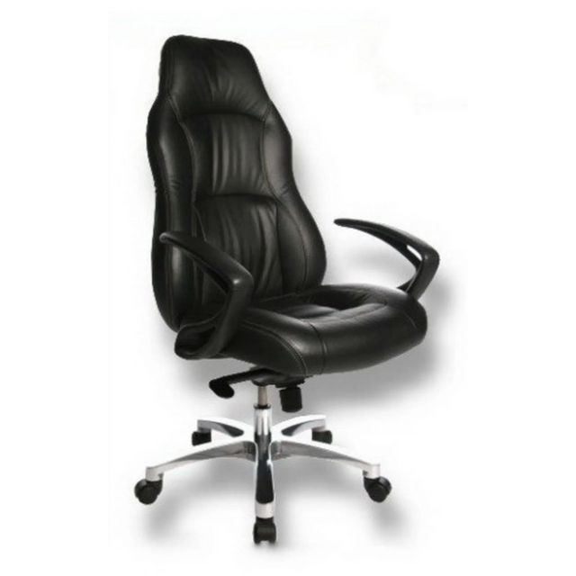 Sillón de alta gama OFFICE RS1 con tapicería de cuero negro y base en estrella plateada de Topstar