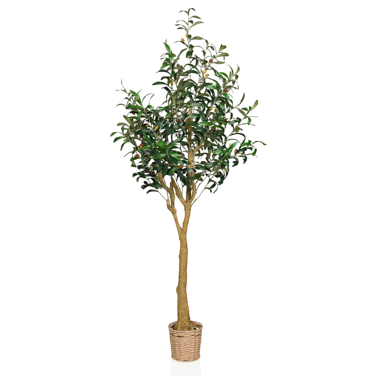 Planta artificial OLIVE II en verde con maceta de cesta tejida y tronco natural de hjh OFFICE