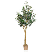 Planta artificial OLIVE II en verde con maceta de cesta tejida y tronco natural de hjh OFFICE