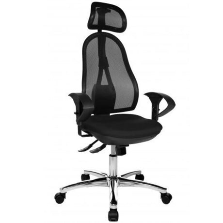 Sillón de oficina profesional OPEN POINT SY SOMO en color antracita con respaldo de malla, reposacabezas y base cromada de Topstar
