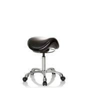 taburete de silla de montar ORTHO SIT negro con asiento acolchado y base cruciforme cromada con ruedas de hjh OFFICE