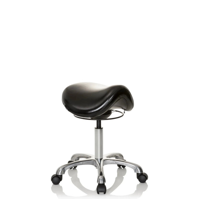 taburete de silla de montar ORTHO SIT negro con asiento acolchado y base cruciforme cromada con ruedas de hjh OFFICE