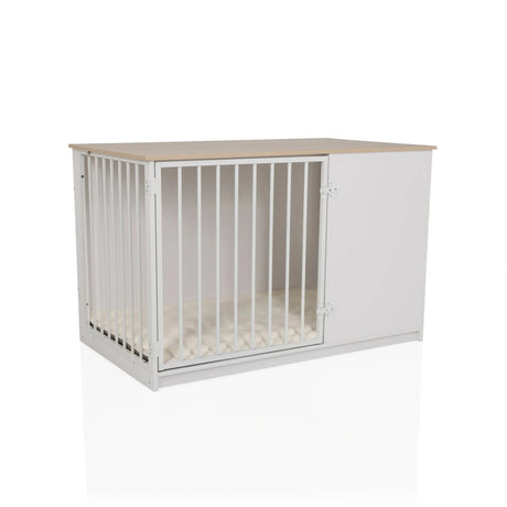 Transportín para perros PAWHOME XL en blanco y roble con puerta de rejilla y superficie de descanso clara de hjh LIVING