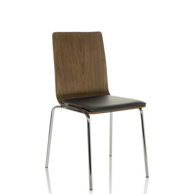 Silla de confidente PERIA con respaldo de madera marrón, cojín de asiento negro y patas cromadas de hjh OFFICE