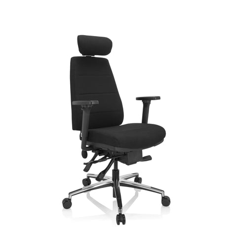 Silla de oficina profesional PHOENIX PRO I con tapizado de tela negra, reposacabezas y base plateada de hjh OFFICE