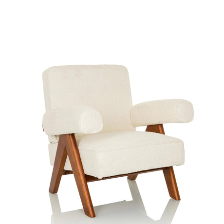 Sillón de diseño POOLY blanco con tapizado de tela estructurada y patas de madera marrón de hjh LIVING