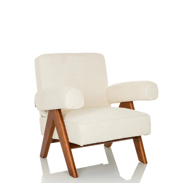 Sillón de diseño POOLY blanco con tapizado de tela estructurada y patas de madera marrón de hjh LIVING