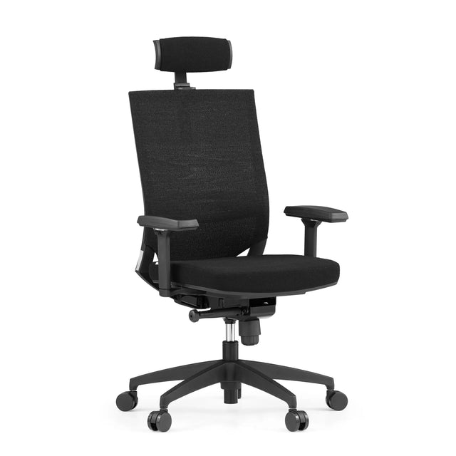 Silla de oficina profesional PORTO MAX HIGH I negra con respaldo de malla, reposacabezas y reposabrazos de hjh OFFICE