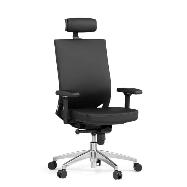 Silla de oficina profesional PORTO MAX HIGH de cuero negro con reposacabezas y base cromada de hjh OFFICE