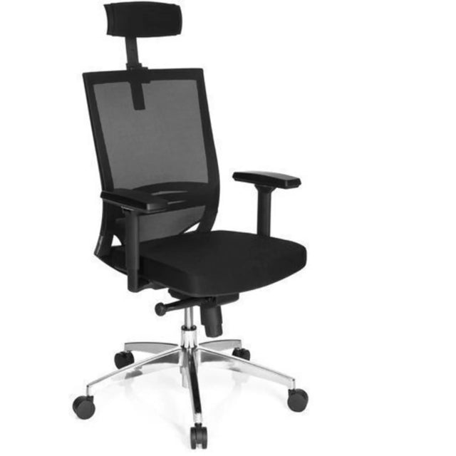 Silla de oficina profesional PORTO MAX HIGH con malla negra, reposacabezas y base plateada de hjh OFFICE